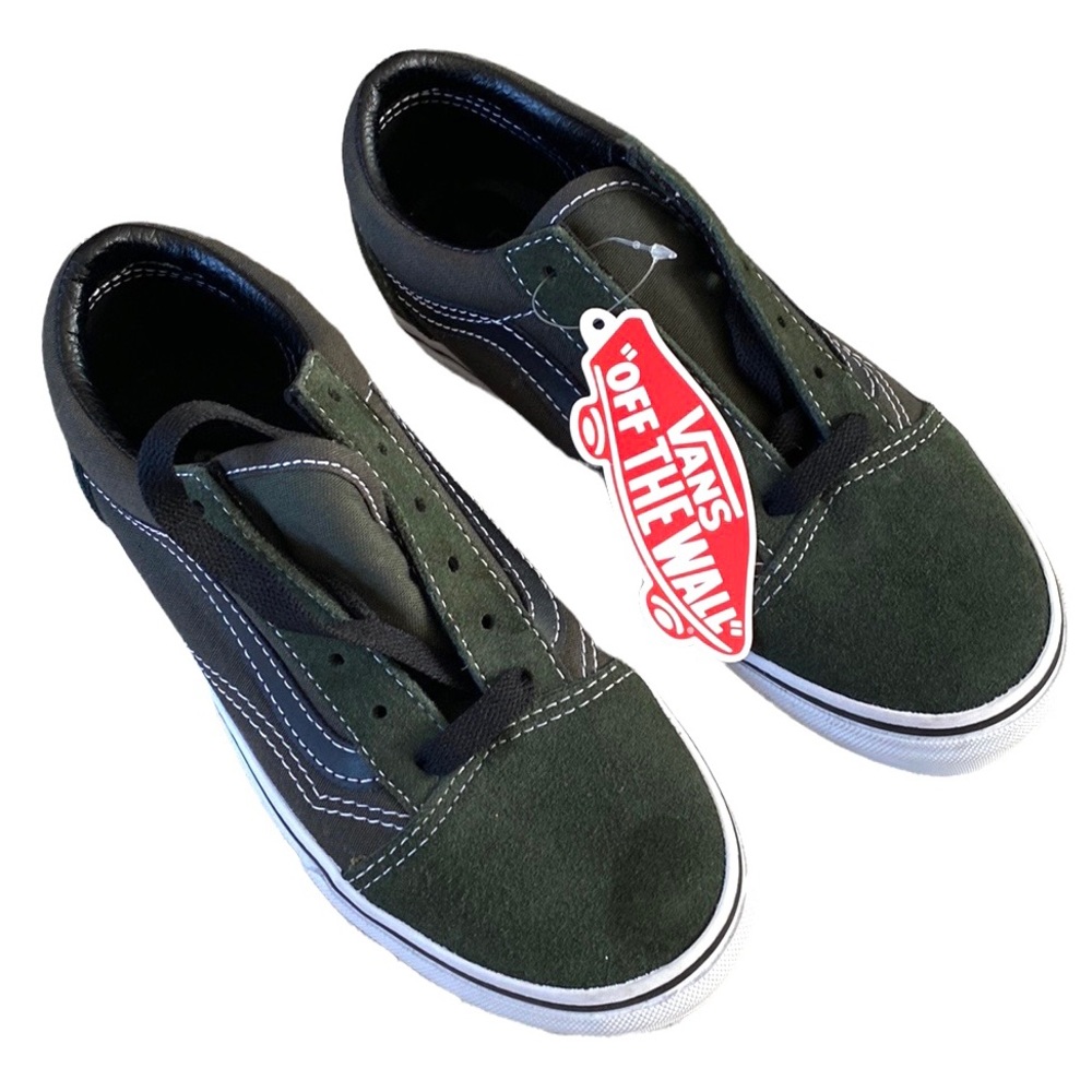 Vans Old Skool Low Top Sneakers Suede Duffel Bag Black Dark Army Green Kids 2.5 - Picture 3 of 11